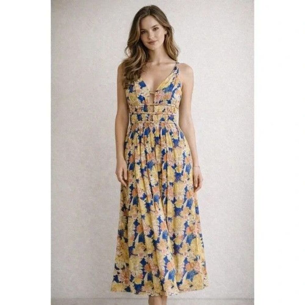 Caroline Constas womens Yellow Floral Sleeveless Cotton Midi Dress size Medium